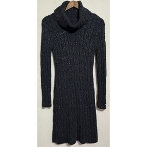 Tommy Hilfiger Women's Sweater Dress Size M Black Metallic Cable Knit Turtleneck